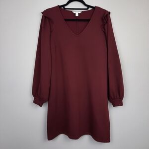 Nine West Burgundy Red V-Neck Ruffle Shoulder Long Sleeve Sweater Dress size XXL